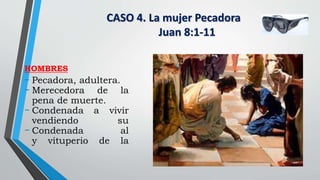 CASO 4. La mujer Pecadora
Juan 8:1-11
HOMBRES
- Pecadora, adultera.
- Merecedora de la
pena de muerte.
- Condenada a vivir
vendiendo su
- Condenada al
y vituperio de la
 