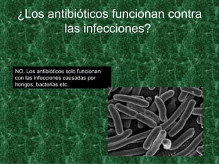 ¿Los antibióticos funcionan contra las infecciones?   NO. Los antibióticos solo funcionan con las infecciones causadas por hongos, bacterias etc.  