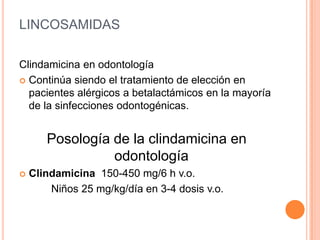 LINCOSAMIDAS
Clindamicina en odontología
 Continúa siendo el tratamiento de elección en
pacientes alérgicos a betalactámicos en la mayoría
de la sinfecciones odontogénicas.
Posología de la clindamicina en
odontología
 Clindamicina 150-450 mg/6 h v.o.
Niños 25 mg/kg/día en 3-4 dosis v.o.
 