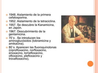  1948. Aislamiento de la primera
cefalosporina.
 1952. Aislamiento de la tetraciclina.
 1957. Se descubre la Kanamicina,
en Japón.
 1967. Descubrimiento de la
gentamicina.
 70`s . Se introducen los
aminoglucósidos (tobramicina y
amikacina).
 80`s. Aparecen las fluoroquinolonas
(ciprofloxacino, norfloxacino,
enoxacino, lomefloxacino,
ofloxacino, plefloxacino y
trovafloxacino).
 