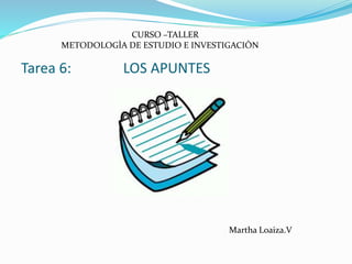 Tarea 6: LOS APUNTES
CURSO –TALLER
METODOLOGÌA DE ESTUDIO E INVESTIGACIÒN
Martha Loaiza.V
 