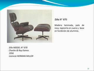 Silla MODEL N° 670  Charles & Ray Eames 1956 Licencia HERMAN MILLER Silla N° 670 Madera laminada, palo de rosa, tapicería en cuero y  base en fundición de aluminio. 