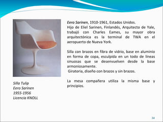 Silla Tulip Eero Sarinen 1955-1956 Licencia KNOLL Eero Sarinen , 1910-1961, Estados Unidos.  Hijo de Eliel Sarinen, Finlandés, Arquitecto de Yale, trabajó con Charles Eames, su mayor obra arquitectónica es la terminal de TWA en el aeropuerto de Nueva York. Silla con brazos en fibra de vidrio, base en aluminio en forma de copa, esculpida en un todo de líneas sinuosas que se desenvuelven desde la base armoniosamente. Giratoria, diseño con brazos y sin brazos. La mesa compañera utiliza la misma base y principios. 