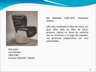 Silla ELDA  Joe Colombo 1963-1965 Licencia CONFORT - MILAN Joe Colombo , 1930-1971. Arquitecto Italiano. Silla Elda, modelada en fibra de vidrio, 1er gran sillón todo en fibra de vidrio, giratorio, cojines en forma de salchicha que se retuercen a lo largo del espaldar, sus generosas proporciones son muy confortables. 