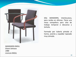 MANDARIN KNOLL Ettore Sottsass 1986 Licencia KNOLL Silla  MANDARIN , Interlocutora, para recibo en oficinas. Tiene una mesa compañera para sitio de trabajo temporal o descanso y tertulia. Formada por tubería pintada al horno, asiento y espaldar tapizado muy cómoda. 