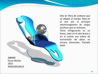 SIBARIS Oscar Muñoz 2015 ARQUIMUEBLES Silla en fibra de carbono que se adapta al cuerpo, flota en el aire por el principio electromagnético de cargas positivas que se rechazan. Tiene refrigeración en un brazo, calor en el otro brazo y en el centro una esfera de transmisión de datos en tercera dimensión. Pantalla táctil. 