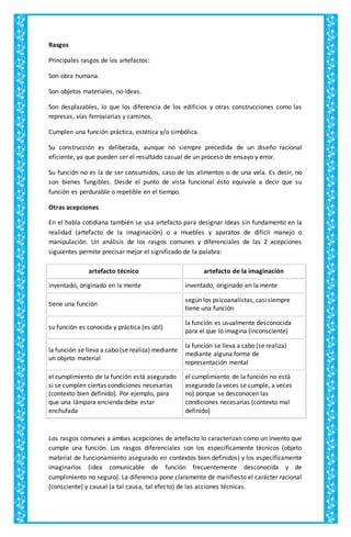 Rasgos
Principales rasgos de los artefactos:
Son obra humana.
Son objetos materiales, no ideas.
Son desplazables, lo que los diferencia de los edificios y otras construcciones como las
represas, vías ferroviarias y caminos.
Cumplen una función práctica, estética y/o simbólica.
Su construcción es deliberada, aunque no siempre precedida de un diseño racional
eficiente, ya que pueden ser el resultado casual de un proceso de ensayo y error.
Su función no es la de ser consumidos, caso de los alimentos o de una vela. Es decir, no
son bienes fungibles. Desde el punto de vista funcional ésto equivale a decir que su
función es perdurable o repetible en el tiempo.
Otras acepciones
En el habla cotidiana también se usa artefacto para designar ideas sin fundamento en la
realidad (artefacto de la imaginación) o a muebles y aparatos de difícil manejo o
manipulación. Un análisis de los rasgos comunes y diferenciales de las 2 acepciones
siguientes permite precisar mejor el significado de la palabra:
artefacto técnico artefacto de la imaginación
inventado, originado en la mente inventado, originado en la mente
tiene una función
según los psicoanalistas, casisiempre
tiene una función
su función es conocida y práctica (es útil)
la función es usualmente desconocida
para el que lo imagina (inconsciente)
la función se lleva a cabo (se realiza) mediante
un objeto material
la función se lleva a cabo (se realiza)
mediante alguna forma de
representación mental
el cumplimiento de la función está asegurado
si se cumplen ciertas condiciones necesarias
(contexto bien definido). Por ejemplo, para
que una lámpara encienda debe estar
enchufada
el cumplimiento de la función no está
asegurado (a veces se cumple, a veces
no) porque se desconocen las
condiciones necesarias (contexto mal
definido)
Los rasgos comunes a ambas acepciones de artefacto lo caracterizan como un invento que
cumple una función. Los rasgos diferenciales son los específicamente técnicos (objeto
material de funcionamiento asegurado en contextos bien definidos) y los específicamente
imaginarios (idea comunicable de función frecuentemente desconocida y de
cumplimiento no seguro). La diferencia pone claramente de manifiesto el carácter racional
(consciente) y causal (a tal causa, tal efecto) de las acciones técnicas.
 