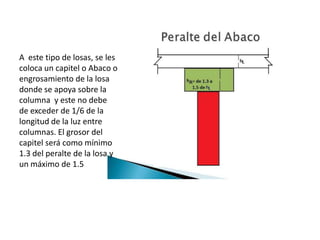 A este tipo de losas, se les
coloca un capitel o Abaco o
engrosamiento de la losa
donde se apoya sobre la
columna y este no debe
de exceder de 1/6 de la
longitud de la luz entre
columnas. El grosor del
capitel será como mínimo
1.3 del peralte de la losa y
un máximo de 1.5
 