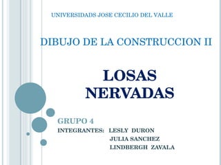 LOSAS NERVADAS GRUPO 4 INTEGRANTES:  LESLY  DURON JULIA SANCHEZ LINDBERGH  ZAVALA UNIVERSIDADS JOSE CECILIO DEL VALLE DIBUJO DE LA CONSTRUCCION II 