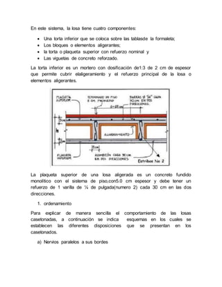 En este sistema, la losa tiene cuatro componentes:
 Una torta inferior que se coloca sobre las tablasde la formaleta;
 Los bloques o elementos aligerantes;
 la torta o plaqueta superior con refuerzo nominal y
 Las viguetas de concreto reforzado.
La torta inferior es un mortero con dosificación de1:3 de 2 cm de espesor
que permite cubrir elaligeramiento y el refuerzo principal de la losa o
elementos aligerantes.
La plaqueta superior de una losa aligerada es un concreto fundido
monolítico con el sistema de piso,con5.0 cm espesor y debe tener un
refuerzo de 1 varilla de ¼ de pulgada(numero 2) cada 30 cm en las dos
direcciones.
1. ordenamiento
Para explicar de manera sencilla el comportamiento de las losas
casetonadas, a continuación se indica esquemas en los cuales se
establecen las diferentes disposiciones que se presentan en los
casetonados.
a) Nervios paralelos a sus bordes
 