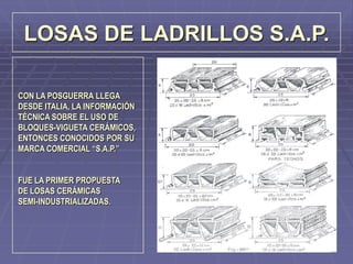 LOSAS DE LADRILLOS S.A.P.
CON LA POSGUERRA LLEGA
DESDE ITALIA, LA INFORMACIÓN
TÉCNICA SOBRE EL USO DE
BLOQUES-VIGUETA CERÁMICOS,
ENTONCES CONOCIDOS POR SU
MARCA COMERCIAL “S.A.P.”
FUE LA PRIMER PROPUESTA
DE LOSAS CERÁMICAS
SEMI-INDUSTRIALIZADAS.
 