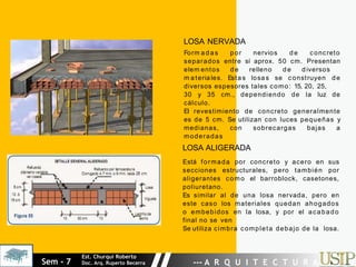 LOSA NERVADA
Form a d as p or nervios d e concreto
separados entre sí aprox. 50 cm. Presentan
elem entos d e relleno d e d iversos
m a teriales. Esta s losa s se construyen de
diversos espesores tales como: 15, 20, 25,
30 y 35 cm., dependiendo de la luz de
cálculo.
El revestimiento de concreto generalmente
es de 5 cm. Se utilizan con luces pequeñas y
medianas, con sobrecargas bajas a
moderadas
LOSA ALIGERADA
Está formada por concreto y acero en sus
secciones estructurales, pero también por
aligerantes como el barroblock, casetones,
poliuretano.
Es similar al de una losa nervada, pero en
este caso los materiales quedan ahogados
o embebidos en la losa, y por el acabado
final no se ven
Se utiliza cimbra completa debajo de la losa.
Sem - 7
Est. Churqui Roberto
Doc. Arq. Ruperto Becerra --- A R Q U I T E C T U R A ---
 