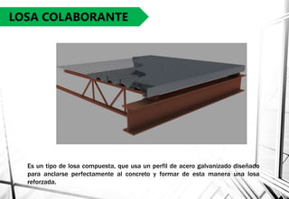 LOSA COLABORANTE
Es un tipo de losa compuesta, que usa un perfil de acero galvanizado diseñado
para anclarse perfectamente al concreto y formar de esta manera una losa
reforzada.
 