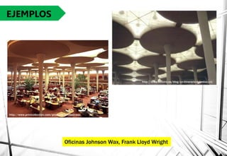 EJEMPLOS
Oficinas Johnson Wax, Frank Lloyd Wright
http://www.locutriz.es/blog/un-itinerario-del-relax-y-ii/
http://www.printcollection.com/products/johnson-wax
 