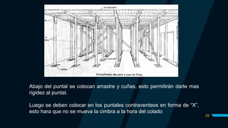29
Abajo del puntal se colocan arrastre y cuñas, esto permitirán darle mas
rigidez al puntal.
Luego se deben colocar en los puntales contraventeos en forma de “X”,
esto hara que no se mueva la cimbra a la hora del colado
 