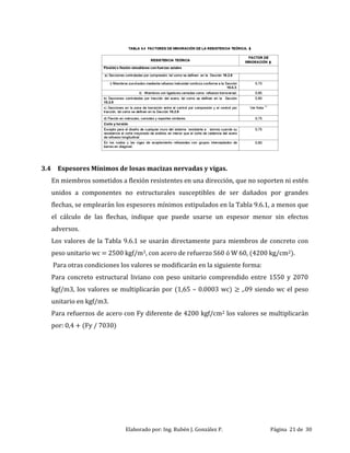 Elaborado por: Ing. Rubén J. González P. Página 21 de 30
3.4 Espesores Mínimos de losas macizas nervadas y vigas.
En miembros sometidos a flexión resistentes en una dirección, que no soporten ni estén
unidos a componentes no estructurales susceptibles de ser dañados por grandes
flechas, se emplearán los espesores mínimos estipulados en la Tabla 9.6.1, a menos que
el cálculo de las flechas, indique que puede usarse un espesor menor sin efectos
adversos.
Los valores de la Tabla 9.6.1 se usarán directamente para miembros de concreto con
peso unitario wc = 2500 kgf/m3, con acero de refuerzo S60 ó W 60, (4200 kg/cm2).
Para otras condiciones los valores se modificarán en la siguiente forma:
Para concreto estructural liviano con peso unitario comprendido entre 1550 y 2070
kgf/m3, los valores se multiplicarán por (1,65 – 0.0003 wc) ≥ ,. 9 siendo wc el peso
unitario en kgf/m3.
Para refuerzos de acero con Fy diferente de 4200 kgf/cm2 los valores se multiplicarán
por: 0,4 + (Fy / 7030)
 