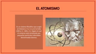 EL ATOMISMOEL ATOMISMO
Es un sistema filosófico que surgió
en Grecia (s. V a. C.) y en la India
(200 a. C.- 100 a. C.). Según el cual
el universo está constituido por
pequeñas partículas indivisibles
denominadas átomos.
 