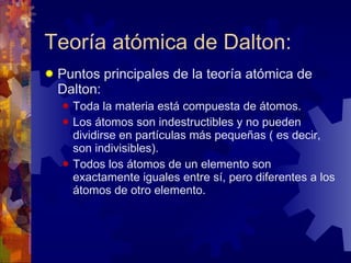 Teoría atómica de Dalton: Puntos principales de la teoría atómica de Dalton: Toda la materia está compuesta de átomos. Los átomos son indestructibles y no pueden dividirse en partículas más pequeñas ( es decir, son indivisibles). Todos los átomos de un elemento son exactamente iguales entre sí, pero diferentes a los átomos de otro elemento.