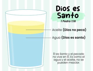 Él es Santo y el pecado
no vive en Él. Es como el
agua y el aceite, no se
pueden mezclar.
Dios es
Santo
1 Pedro 1:16
Agua (Dios es santo)
Aceite (Dios no peca)
 