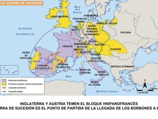 INGLATERRA Y AUSTRIA TEMEN EL BLOQUE HISPANOFRANCÉS
RRA DE SUCESIÓN ES EL PUNTO DE PARTIDA DE LA LLEGADA DE LOS BORBONES A E
 