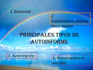 1. Entrevista
                   2.
                   Cuestionarios, inventa
                   rios o escalas

       PRINCIPALES TIPOS DE
           AUTOINFORME

3. Autorregistro
                   4. Pensamientos en
                   voz alta
 