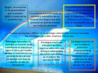 Rasgos, dimensiones                                          Procedimientos de medida
 o de personalidad                                             indirecta de un atributo.
   que se pueden         La conducta autoinformada se          Las críticas se refieren a
medir a través de los      considera indicadora de un        esto, lo importante no es la
   autoinformes:          atributo psicológico que está         conducta que se evalúa
                          presente en distinta medida        sino la interferencia que se
                              por todas las personas                     hace.

    Pruebas son muchas y difieren en la estrategia utilizada para construir la prueba.
                  Hay estrategias racionales, empíricas y factoriales

  Estrategias racionales: los      Estrategias empíricas:          Estrategia factorial: los
 ítem que se incluirán en el        selecciona los ítems               test se elaboran
autoinforme se seleccionan        según su relevancia para                analizando
 según la teoría del creador       distinguir entre grupos           factorialmente las
del test; el instrumento más       de sujetos que difieren              correlaciones
   conocido dentro de esta            en el criterio. Por           existentes entre una
   modalidad es la hoja de            ejemplo el MMPI.              amplia base de ítem
     Datos Personales de                                              de personalidad.
         Woodworth.                                                  Ejemplo EPI, 16-PF.
 