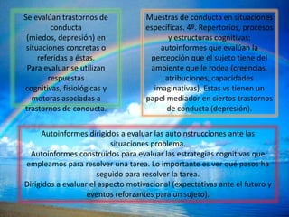 Se evalúan trastornos de            Muestras de conducta en situaciones
         conducta                   específicas. 4º. Repertorios, procesos
 (miedos, depresión) en                   y estructuras cognitivas:
 situaciones concretas o                autoinformes que evalúan la
     referidas a éstas.              percepción que el sujeto tiene del
 Para evaluar se utilizan            ambiente que le rodea (creencias,
        respuestas                       atribuciones, capacidades
cognitivas, fisiológicas y            imaginativas). Estas vs tienen un
   motoras asociadas a              papel mediador en ciertos trastornos
trastornos de conducta.                   de conducta (depresión).

     Autoinformes dirigidos a evaluar las autoinstrucciones ante las
                          situaciones problema.
  Autoinformes construidos para evaluar las estrategias cognitivas que
empleamos para resolver una tarea. Lo importante es ver qué pasos ha
                      seguido para resolver la tarea.
Dirigidos a evaluar el aspecto motivacional (expectativas ante el futuro y
                   eventos reforzantes para un sujeto).
 