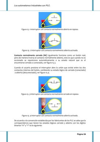 Los automatismos Industriales con PLC.
Página 54
Figura 15. 1 Interruptor con contacto normalmente abierto en reposo.
Figura 15. 2 Interruptor con contacto normalmente abierto activado.
Contacto normalmente cerrado (NC) Igualmente funciona como un botón real,
pero de manera inversa al contacto normalmente abierto, esto es que cuando no es
accionado se reposiciona automáticamente a su estado natural que es el
encontrarse cerrado o conectado, ver figura 15.3.
Cuando el usuario presiona el interruptor abre la unión que existe entre los dos
contactos internos del botón, cambiando su estado lógico de cerrado (conectado)
a abierto (desconectado), ver figura 15.4.
Figura 15. 3 Interruptor con contacto normalmente cerrado en reposo.
Figura 15. 4 Interruptor con contacto normalmente abierto activado.
De acuerdo a la convención establecida por los fabricantes de los PLC se sabe que la
correspondencia que tienen los estados lógicos cerrado y abierto con los dígitos
binarios “0” y “1” es la siguiente:
 