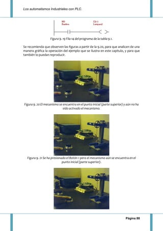 Los automatismos Industriales con PLC.
Página 88
Figura 9. 19 Fila 14 del programa de la tabla 9.1.
Se recomienda que observen las figuras a partir de la 9.20, para que analicen de una
manera gráfica la operación del ejemplo que se ilustra en este capitulo, y para que
también lo puedan reproducir.
Figura 9. 20 El mecanismo se encuentra en el punto inicial (parte superior) y aún no ha
sido activado el mecanismo.
Figura 9. 21 Se ha presionado el Botón 1 pero el mecanismo aún se encuentra en el
punto inicial (parte superior).
 