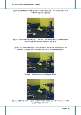 Los automatismos Industriales con PLC.
Página 89
Figura 9. 22 Se ha presionado el Botón 2 pero el mecanismo aún se encuentra en el
punto inicial (parte superior).
Figura 9. 23 Se presionan el Botón 1 y el Botón 2 simultáneamente, se encienden las
lámparas y el mecanismo comienza a descender
Figura 9. 24 El mecanismo llega a la parte inferior pulsando el Sensor Inferior, las
lámparas se apagan y el mecanismo continúa su movimiento superior
Figura 9. 25 El mecanismo continúa ascendiendo
Figura 9. 26 El mecanismo llega al punto inicial tocando el sensor superior, y por ende
apagándose el mecanismo
 