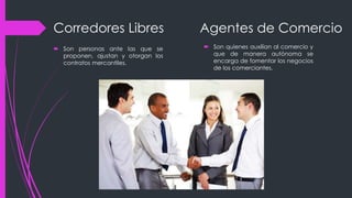 Corredores Libres
 Son personas ante las que se
proponen, ajustan y otorgan los
contratos mercantiles.
Agentes de Comercio
 Son quienes auxilian al comercio y
que de manera autónoma se
encarga de fomentar los negocios
de los comerciantes.
 