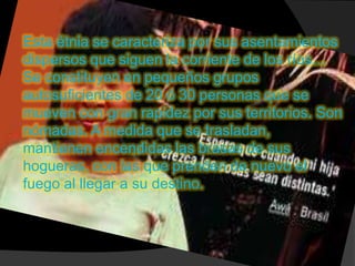 Esta étnia se caracteriza por sus asentamientos
dispersos que siguen la corriente de los ríos…
Se constituyen en pequeños grupos
autosuficientes de 20 ó 30 personas que se
mueven con gran rapidez por sus territorios. Son
nómadas. A medida que se trasladan,
mantienen encendidas las brasas de sus
hogueras, con las que prenden de nuevo el
fuego al llegar a su destino.
 