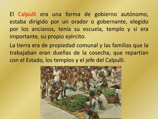 El Calpulli era una forma de gobierno autónomo,
estaba dirigido por un orador o gobernante, elegido
por los ancianos, tenía su escuela, templo y si era
importante, su propio ejército.
La tierra era de propiedad comunal y las familias que la
trabajaban eran dueñas de la cosecha, que repartían
con el Estado, los templos y el jefe del Calpulli.
 