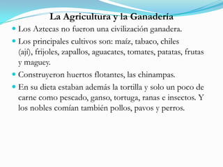 La Agricultura y la Ganadería
 Los Aztecas no fueron una civilización ganadera.
 Los principales cultivos son: maíz, tabaco, chiles
(ají), frijoles, zapallos, aguacates, tomates, patatas, frutas
y maguey.
 Construyeron huertos flotantes, las chinampas.
 En su dieta estaban además la tortilla y solo un poco de
carne como pescado, ganso, tortuga, ranas e insectos. Y
los nobles comían también pollos, pavos y perros.
 
