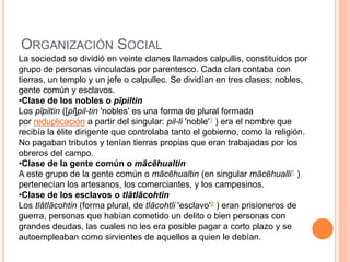 ORGANIZACIÓN SOCIAL
La sociedad se dividió en veinte clanes llamados calpullis, constituidos por
grupo de personas vinculadas por parentesco. Cada clan contaba con
tierras, un templo y un jefe o calpullec. Se dividían en tres clases; nobles,
gente común y esclavos.
•Clase de los nobles o pīpiltin
Los pīpiltin ([pī]pil-tin 'nobles' es una forma de plural formada
por reduplicación a partir del singular: pil-li 'noble'1 ) era el nombre que
recibía la élite dirigente que controlaba tanto el gobierno, como la religión.
No pagaban tributos y tenían tierras propias que eran trabajadas por los
obreros del campo.
•Clase de la gente común o mācēhualtin
A este grupo de la gente común o mācēhualtin (en singular mācēhualli1 )
pertenecían los artesanos, los comerciantes, y los campesinos.
•Clase de los esclavos o tlātlācohtin
Los tlātlācohtin (forma plural, de tlācohtli 'esclavo'2 ) eran prisioneros de
guerra, personas que habían cometido un delito o bien personas con
grandes deudas, las cuales no les era posible pagar a corto plazo y se
autoempleaban como sirvientes de aquellos a quien le debían.
 