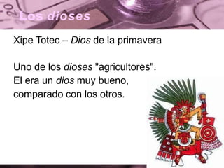 Los dioses
Xipe Totec – Dios de la primavera
Uno de los dioses "agricultores".
El era un dios muy bueno,
comparado con los otros.
 