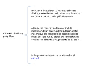 Contexto histórico y geográfico Los Aztecas impusieron su jerarquía sobre sus aliados, y extendieron su dominio hasta las costas del Océano  pacifico y del golfo de Mexico Adquirieron riqueza y poder a partir de la imposición de un  sistema de tributación, de tal manera que a la llegada de los españoles en los inicios del siglo XVI, su capital era considerada la urbe más importante y magnificente de su época.  La lengua dominante entre los aliados fue el  náhuatl . 