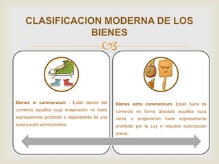 
CLASIFICACION MODERNA DE LOS
BIENES
Bienes in commercium : Están dentro del
comercio aquellos cuya enajenación no fuere
expresamente prohibido o dependiente de una
autorización administrativa.
Bienes extra commercium: Están fuera de
comercio en forma absoluta aquellos cuya
venta o enajenación fuere expresamente
prohibido por la Ley o requiera autorización
previa.
 