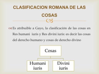 
 Es atribuible a Gayo, la clasificación de las cosas en
Res humani iuris y Res divini iuris: es decir las cosas
del derecho humano y cosas de derecho divino
CLASIFICACION ROMANA DE LAS
COSAS
Cosas
Humani
iuris
Divini
iuris
 