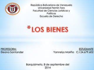 ESTUDIANTE 
Yannelys Mariño C.I 24.679.602 
PROFESORA: 
Eleana Santander 
República Bolivariana de Venezuela 
Universidad Fermín Toro 
Facultad de Ciencias Jurídicas y 
Políticas 
Escuela de Derecho 
Barquisimeto, 8 de septiembre del 
2014 
 