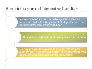 Beneficios para el bienestar familiar 
No se corta leña. Casi nadie la agrada la idea de 
tener que cortar la leña y con el biodigestor se evita 
por completo esta responsabilidad. 
Se evita la existencia de humo y ceniza en la casa 
No hay peligro de explosiones, la garrafa de gas 
siempre es un peligro constante; el biodigestor nunca 
podrá ser una amenaza dentro de su casa. 
 