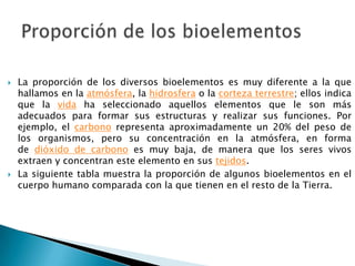  La proporción de los diversos bioelementos es muy diferente a la que
hallamos en la atmósfera, la hidrosfera o la corteza terrestre; ellos indica
que la vida ha seleccionado aquellos elementos que le son más
adecuados para formar sus estructuras y realizar sus funciones. Por
ejemplo, el carbono representa aproximadamente un 20% del peso de
los organismos, pero su concentración en la atmósfera, en forma
de dióxido de carbono es muy baja, de manera que los seres vivos
extraen y concentran este elemento en sus tejidos.
 La siguiente tabla muestra la proporción de algunos bioelementos en el
cuerpo humano comparada con la que tienen en el resto de la Tierra.
 