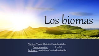 Los biomas
Nombre: Valerie Christine CalanchaVilchez
Grado y sección : 6 to A-I
Profesora : miss Miriam Santisteban Cuellar
 