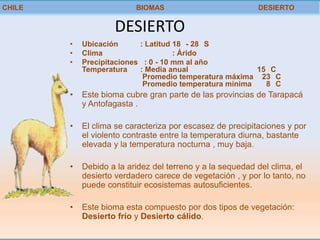 CHILE                     BIOMAS                           DESIERTO


                    DESIERTO
        •   Ubicación      : Latitud 18 - 28 S
        •   Clima                    : Árido
        •   Precipitaciones : 0 - 10 mm al año
            Temperatura    : Media anual                15 C
                            Promedio temperatura máxima 23 C
                            Promedio temperatura mínima   8 C
        •   Este bioma cubre gran parte de las provincias de Tarapacá
            y Antofagasta .

        •   El clima se caracteriza por escasez de precipitaciones y por
            el violento contraste entre la temperatura diurna, bastante
            elevada y la temperatura nocturna , muy baja.

        •   Debido a la aridez del terreno y a la sequedad del clima, el
            desierto verdadero carece de vegetación , y por lo tanto, no
            puede constituir ecosistemas autosuficientes.

        •   Este bioma esta compuesto por dos tipos de vegetación:
            Desierto frío y Desierto cálido.
 
