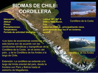 BIOMAS DE CHILE:
            CORDILLERA
 Ubicación:                             Latitud 19º - 52º S.
 Altitud:                               2500 a 1800 msnm.         Cordillera de la Costa
 Clima:                                 Frío
 Precipitaciones:                       sobre los 2500 m., principalmente nieve.
 Temperatura:                           generalmente bajo los 0º en invierno.
 Periodo de actividad biológica:        verano.



•Los tipos de ecosistemas existentes en
este bioma son de acuerdo con las
condiciones climáticas y topográficas de la
Cordillera de la Costa , en el centro del
país , y de la Cordillera de los Andes a lo                     Cordillera de los Andes
largo de Chile.

Extensión: La cordillera se extiende a lo
largo del límite oriental del país, desde la
frontera con Perú y Bolivia hasta el
estrecho de Magallanes.
 
