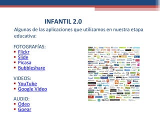 INFANTIL 2.0 <ul><li>FOTOGRAFÍAS: </li></ul><ul><li>Flickr </li></ul><ul><li>Slide </li></ul><ul><li>Picasa </li></ul><ul>...
