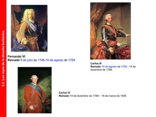 Fernando VI
Reinado 9 de julio de 1746-10 de agosto de 1759
Carlos III
Reinado 10 de agosto de 1759 - 14 de
diciembre de 1788
Carlos IV
Reinado 14 de diciembre de 1788 – 19 de marzo de 1808
8.2.Losreyesdeladinastíaborbónica
 