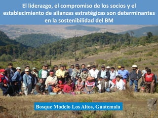El	
  liderazgo,	
  el	
  compromiso	
  de	
  los	
  socios	
  y	
  el	
  
establecimiento	
  de	
  alianzas	
  estratégicas	
  son	
  determinantes	
  
en	
  la	
  sostenibilidad	
  del	
  BM
Bosque Modelo Los Altos, Guatemala
 