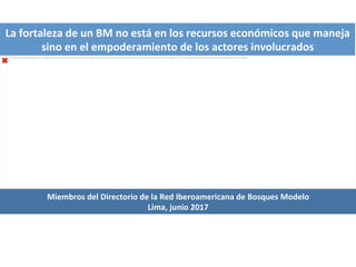 Miembros	
  del	
  Directorio	
  de	
  la	
  Red	
  Iberoamericana	
  de	
  Bosques	
  Modelo	
  
Lima,	
  junio	
  2017	
  
La	
  fortaleza	
  de	
  un	
  BM	
  no	
  está	
  en	
  los	
  recursos	
  económicos	
  que	
  maneja	
  
sino	
  en	
  el	
  empoderamiento	
  de	
  los	
  actores	
  involucrados	
  
The image cannot be displayed. Your computer may not have enough memory to open the image, or the image may have been corrupted. Restart your computer, and then open the file again. If the red x still appears, you may have to delete the image and then insert it again.
 