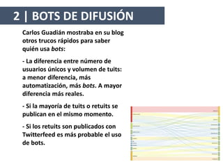 Carlos Guadián mostraba en su blog
otros trucos rápidos para saber
quién usa bots:
- La diferencia entre número de
usuarios únicos y volumen de tuits:
a menor diferencia, más
automatización, más bots. A mayor
diferencia más reales.
- Si la mayoría de tuits o retuits se
publican en el mismo momento.
- Si los retuits son publicados con
Twitterfeed es más probable el uso
de bots.
2 | BOTS DE DIFUSIÓN
 